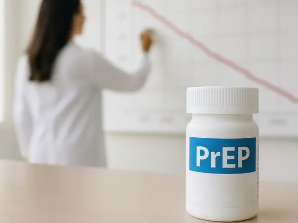 на переднем плане таблетка с надписью PrEP, на заднем учёная рисует спадающий график