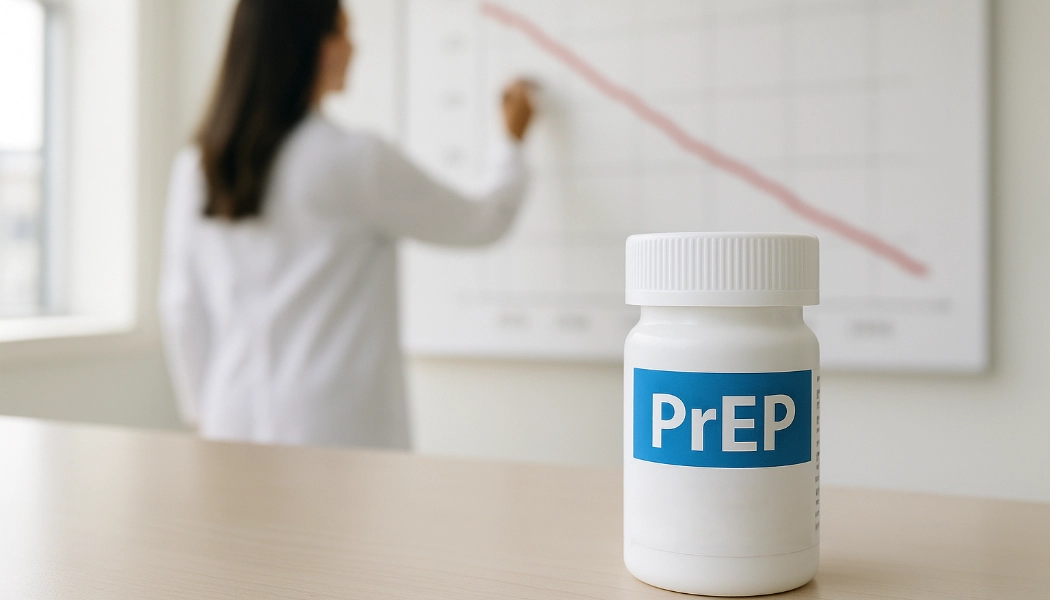 на переднем плане таблетка с надписью PrEP, на заднем учёная рисует спадающий график