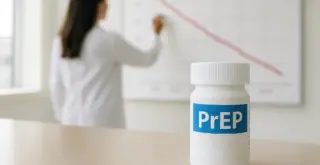 на переднем плане таблетка с надписью PrEP, на заднем учёная рисует спадающий график